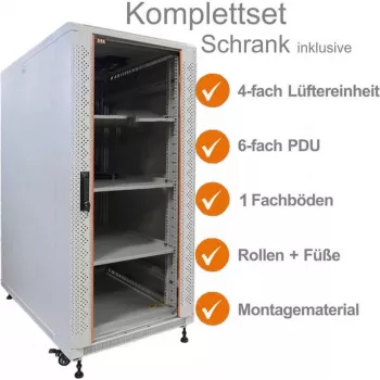 IT-BUDGET 19 colių tinklo spintelė SRK pilnas rinkinys - 18U - 600x600 mm - Stiklinės/Medinės durys - 4 aktyvūs ventiliatoriai - PDU - Lentynos - Surinkta - Šviesiai pilka 99ITB19SRK1866GGM