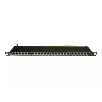 IT-BUDGET 19 inch itin plokščias pach panelis, 0,5U, visiškai ekranuotas, Cat.6A, 24 prievadai, PoE++, juodas (90ITBPP6A05S)