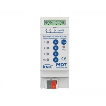 MDT AKK-04FC.03 KNX ventiliatoriaus konvektoriaus pavara, 4 perjungimo išėjimai, 16A, 230VAC, 2 TE, 70µF, 10 EVG