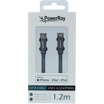 PowerRay USB-C į Lightning MFi sertifikuotas pintas kabelis 1,2 m pilkas PR-DCCL120TGY