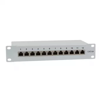 IT-BUDGET 10 inch pataisų skydas - ekranuotas - Cat.6A - 500MHz - 12 prievadų RJ45 - PoE+ palaikymas - 1U - pilkas (90ITB10PP6AG)