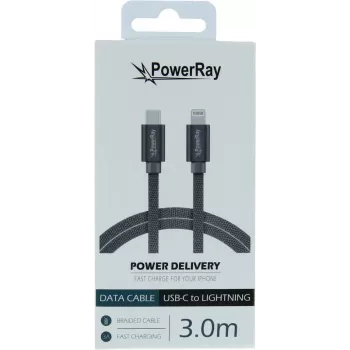 PowerRay USB-C į Lightning pintas kabelis 3m tekstilinis pilkas PR-DCCL300TGY
