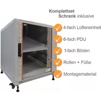 IT-BUDGET 19 inch serverio spintos SRK pilnas rinkinys - 12U - 600x1000 mm - stiklo/plieno durelės - 4 aktyvūs ventiliatoriai - PDU - lentynos - surinkta - šviesiai pilka 99ITB19SRK12610GGM