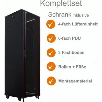 IT-BUDGET 19 inch Tinklo spintos SRK pilnas rinkinys 38U 600x800mm Stiklinės/Vientisos Durys 4 Aktyvūs Ventiliatoriai PDU Lentynos Išardytas Juodas 90ITB19SRK3868GS