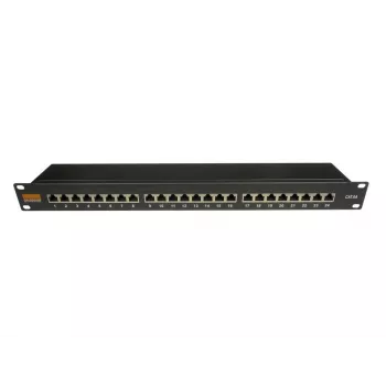IT-BUDGET 19 inch Cat.6A ekranuotas 24 prievadų prievadų skydas, trumpo gylio, palaiko PoE+, 1U, juodas 90ITBPP6A1S