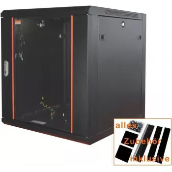 IT-BUDGET 19 inch tinklo spintelė SWA - 6U - PxG 570 x 450 mm - Stiklinės durelės - Nuimami šonai - Montavimas ant sienos ir ant grindų - Priedų rinkinys - Juoda (90ITB19WS6645GS)