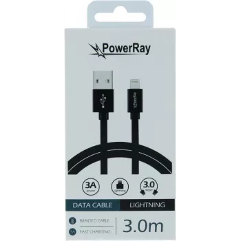 PowerRay USB į Lightning duomenų kabelis 3m tekstilinis juodas PR-DCUL300TBK