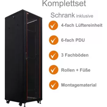 IT-BUDGET 19 inch tinklo spintos SRK pilnas rinkinys 42U 600x600mm stiklinės/vientisos durys 4 ventiliatoriai PDU lentynos surinkta juoda 99ITB19SRK4266GSM