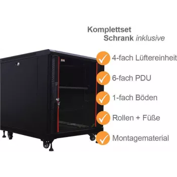 IT-BUDGET 19 inch serverio spintos SRK pilnas komplektas - 12U - 600x1000 mm - stiklo/plieno durelės - 4 aktyvūs ventiliatoriai - PDU - lentynos - išardomas - juodas 90ITB19SRK12610GS