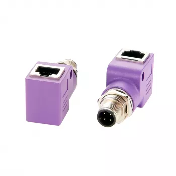 EXSYS EX-49522 M12 D-Code 4 kontaktų kištukas į RJ45 lizdą 90° kampu pramoninis Ethernet adapteris