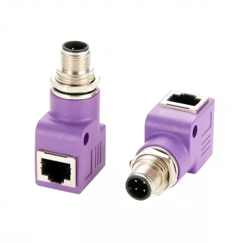 EXSYS EX-49522 M12 D-Code 4 kontaktų kištukas į RJ45 lizdą 90° kampu pramoninis Ethernet adapteris