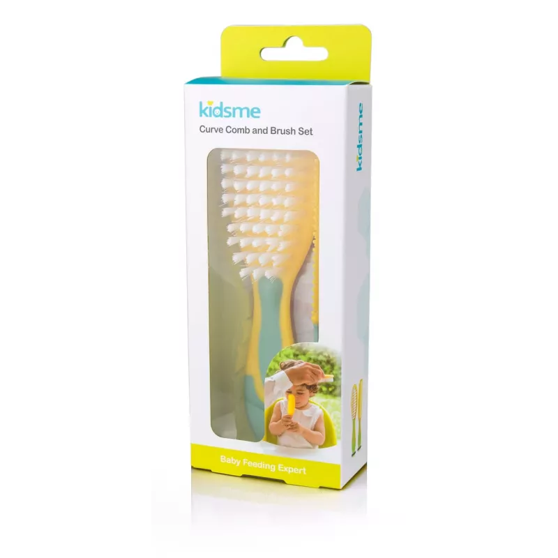 Kidsme kūdikių plaukų šepetėlio ir šukų rinkinys - minkšti šereliai, be BPA, ergonomiškas, baltas/pilkas