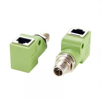 EXSYS M12 X-Coded 8 kontaktų kištukinis į RJ45 lizdinis 90° pramoninis Ethernet adapteris, 10Gbps, IP67, ekranuotas EX-49542