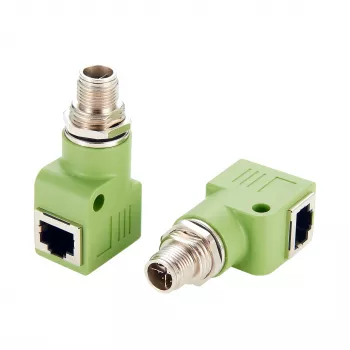 EXSYS M12 X-Coded 8 kontaktų kištukinis į RJ45 lizdinis 90° pramoninis Ethernet adapteris, 10Gbps, IP67, ekranuotas EX-49542