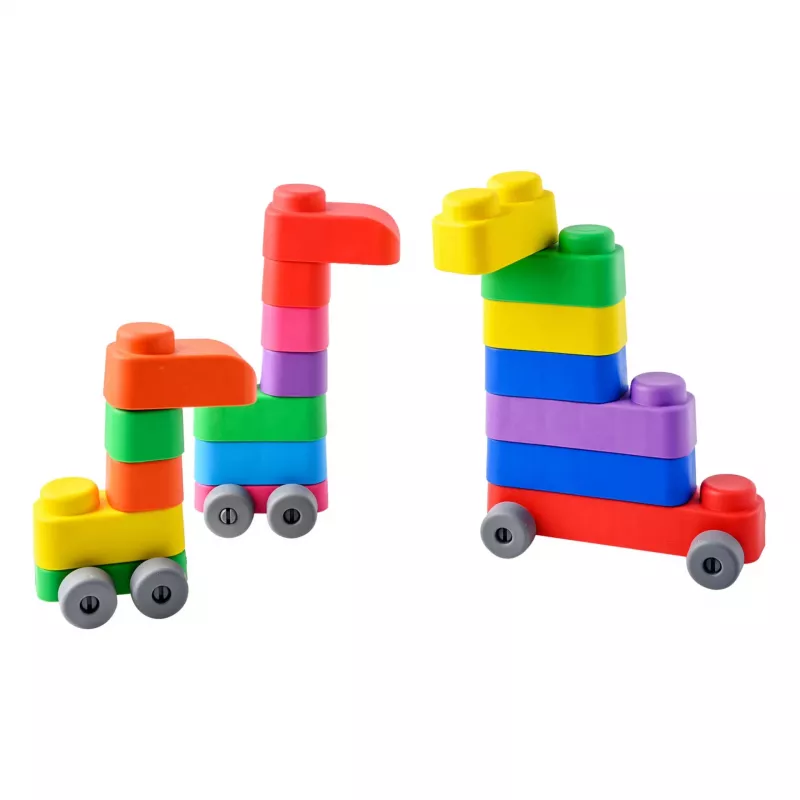 Gerardo's Toys minkštų statybinių kaladėlių rinkinys su ratukais, 33 dalys (25 kaladėlės + 8 ratukų dalys)