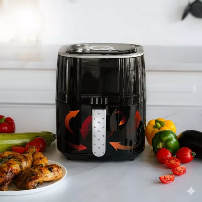 QUIN 4,5 L skaitmeninė karšto oro gruzdintuvė, 1500 W, 80–200 °C, 60 min. laikmatis, 8 programos, juoda