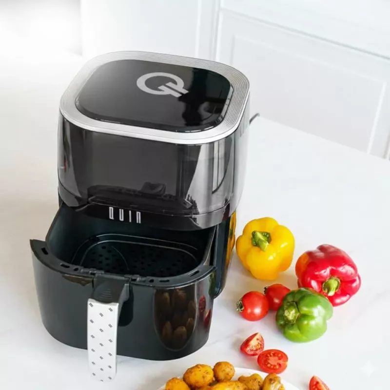 QUIN 4,5 L skaitmeninė karšto oro gruzdintuvė, 1500 W, 80–200 °C, 60 min. laikmatis, 8 programos, juoda
