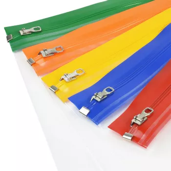 Rapesco Zippi Bags A5+ maišeliai su užtrauktuku, 250 x 195 mm, permatomi su mėlynu, oranžiniu, žaliu, raudonu, geltonu apvadu, 5 vnt. pakuotė 1502