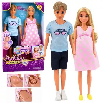 LEAN TOYS Anlily šeimos lėlių rinkinys: nėščia mama, tėtis, kūdikis, naujagimis