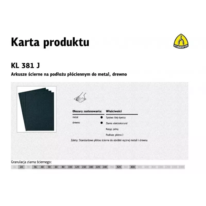 KLINGSPOR Abrazyvinio audinio lakštas P320 KL381J, 230 x 280 mm, 50 vnt. paketas