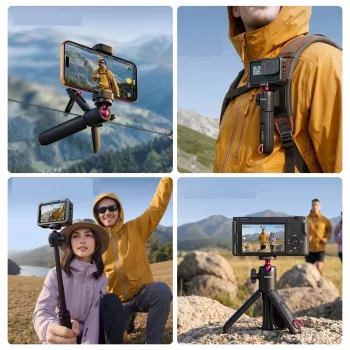 ULANZI MT-55 4-in-1 mini trikojis selfio lazdelė rankena kuprinės segtukas su rutuline galvute, 1/4 inch sraigtas, telefono laikiklis 60-85mm, aliuminio lydinys, juodas