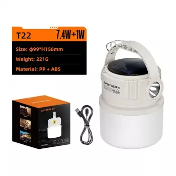 SUPERFIRE T22 įkraunamas LED stovyklavietės žibintas su power banku, 350 liumenų, magnetiniu pagrindu, pakabinimo kabliu, IP44