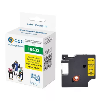 G&G vinilo etikečių juosta 12mm x 5,5m juoda ant geltonos Dymo Rhino 18432 RL-D-Vi-18432-BK/YE-12MM*5.5M
