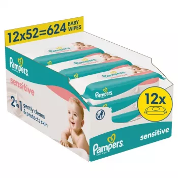 Pampers Sensitive kūdikių šlapios servetėlės, 12 pakelių po 52, iš viso 624, be kvapų, be alkoholio, dermatologiškai testuotos