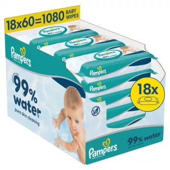 Pampers Aqua kūdikių šlapios servetėlės, 18 pakelių po 60, 1080 vnt., 99% gryno vandens, bekvapės