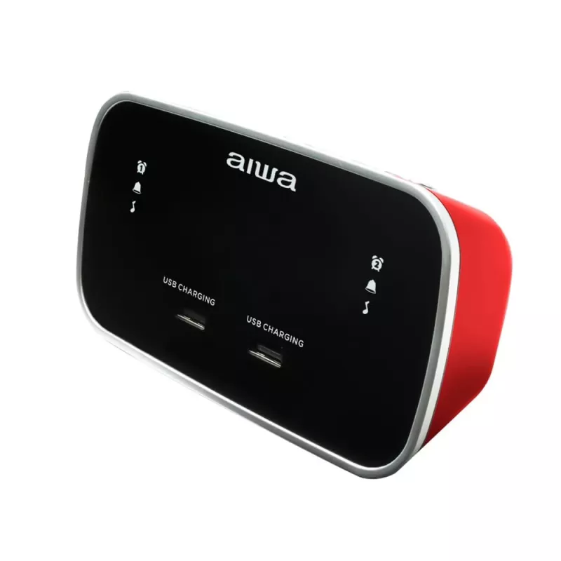 AIWA CRU-19RD raudonas radijo žadintuvas su FM/AM imtuvu, dvigubu žadintuvu, snaudimo funkcija, miego laikmačiu, LED ekranu, baterijos atsargine kopija