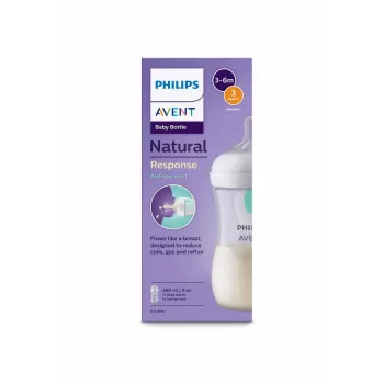 Philips Avent Natural Response priešpilvinis kūdikių buteliukas su AirFree ventiliacija 260 ml, vidutinio srauto žindukas, 1 mėn.+