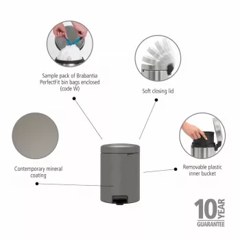 Brabantia NewIcon 5L pedalų šiukšliadėžė, mineralinio betono pilka