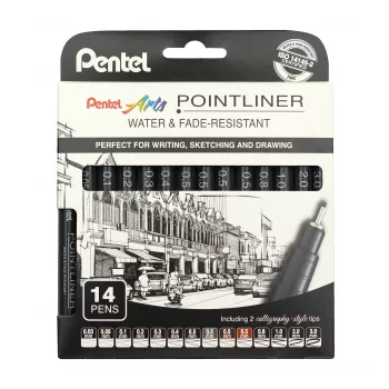 Pentel Arts Pointliner Permanent Fineliner Set, 14 Assorted Line Widths 0,03 mm–3,0 mm, Black Ink (YS20P-14)