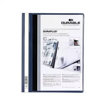 DURABLE DURAPLUS pristatymo aplankas su permatoma priekine kišene ir slankiojančiu spaustuku, tamsiai mėlynas, A4, 30 lapų talpa