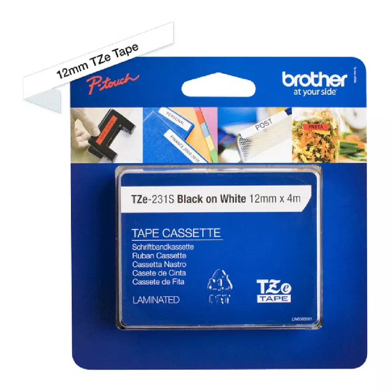 Brother TZe-231S 12mm juoda ant baltos laminuota etikečių juosta (4m)