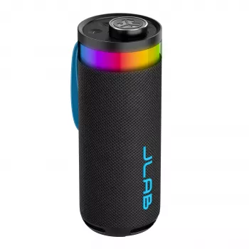 JLab Go Party nešiojamas Bluetooth garsiakalbis su 20W galia, IPX6 atsparumas vandeniui, 15 valandų baterija, įmontuotas mikrofonas, apšvietimo režimai, juodas