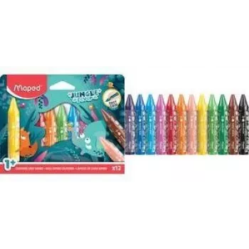 Maped Jungle Fever Jumbo trikampės vaško kreidelės, 12 įvairių spalvų, gyvūnų motyvai, kartoninė dėžutė, nuo 1 metų