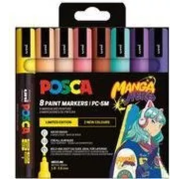 POSCA PC-5M pigmentinių markerių rinkinys, 8 spalvos, Manga Hero, vidutinis apvalus antgalis, atsparus vandeniui, atsparus šviesai, bekvapis PC5M/8APF ASS74
