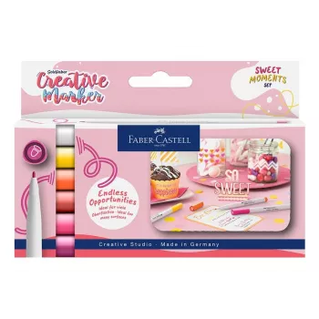 Faber-Castell Goldfaber Creative Marker rinkinys, 6 spalvos, Sweet Moments, vandeniniais dažais, bekvapis, nesitepantis, dvigubas antgalis – šepetėlis ir apvalus antgalis, daugkartinio naudojimo dėklas 160602
