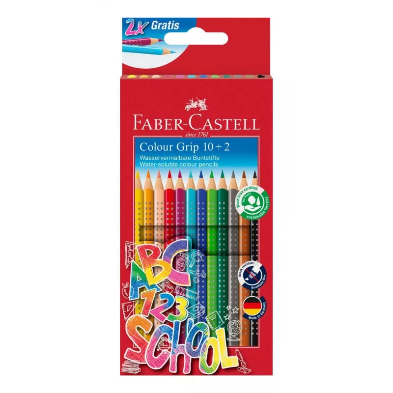 Faber-Castell Colour GRIP trikampiai spalvoti pieštukai, įvairių spalvų, 10 vienetų, minkštos rankenos zona, nesilaužiantis 3,3 mm švinas, vandeninės bazės lakas, promo dėklas 201585