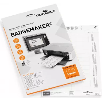 DURABLE BADGEMAKER® įdėklo etiketės 67 x 17 mm, baltos, 400 etikečių, A4 lapai, skirtos rašaliniams ir lazeriniams spausdintuvams 146102