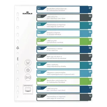 DURABLE 679627 A4+ polipropileno tušti skyrikliai, daugiaspalviai, portretinė orientacija, 0,27 mm, 11 skylių universalus perforavimas
