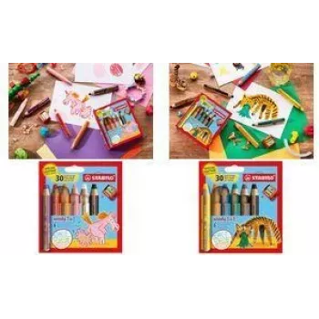 STABILO woody 3 in 1 Multitalent pieštukas, 6 dalių rinkinys su tigro dizaino apvaliu pieštukų dėklu, spalvotas pieštukas, akvarelė ir vaško kreidelė viename EO8806-4-2