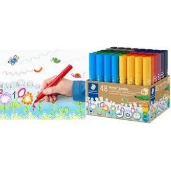 STAEDTLER Noris Jumbo 328-B KP48 flomasteriai, 48 įvairių spalvų, 3,0 mm pluošto antgalis, trikampis korpusas, nuplaunamas rašalas, ventiliuojamas dangtelis, daugkartinio naudojimo indas