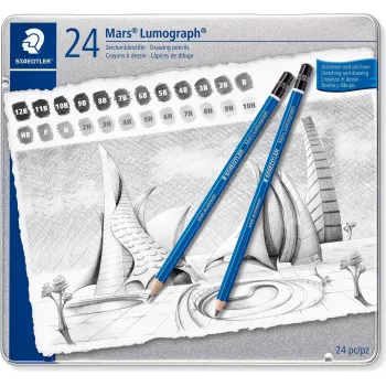 STAEDTLER Mars Lumograph 100 G24 piešimo pieštukų rinkinys, 24 skirtingo kietumo pieštukai metalinėje dėžutėje, mėlyni šešiakampiai