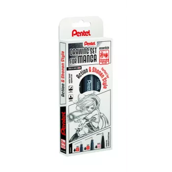 Pentel Manga Action finelinerių rinkinys, juodas, 3 rašikliai (0,05/0,2/0,8 mm) dėkle MNG3PCS-AC
