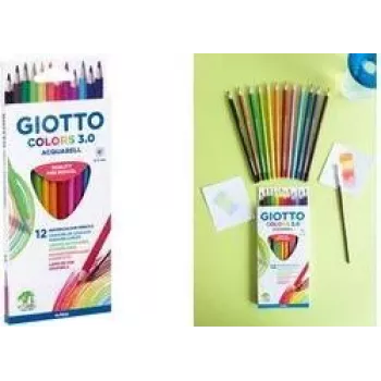GIOTTO COLORS 3.0 ACQUARELL akvareliniai pieštukai, 12 skirtingų spalvų, šešiakampiai, 3,0 mm šerdis, kartoninė dėžutė (F277100)