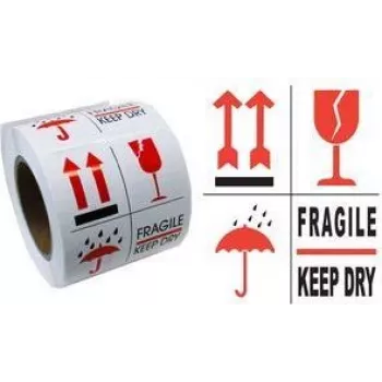RILLPRINT 76900 Įspėjamieji lipdukai FRAGILE / KEEP DRY Nuolatiniai klijai Balti/Raudoni/Juodi 74x105mm 500 lipdukų ritinyje