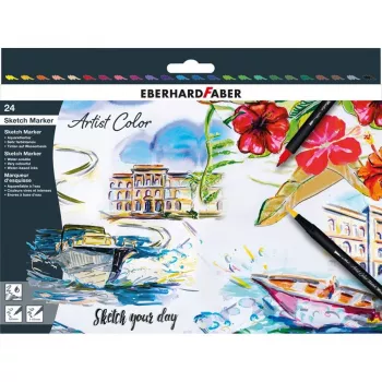Faber-Castell Eberhard Faber Artist Color dvigubo antgalio flomasterių rinkinys, 24 vnt., flomasteris ir teptuko antgalis, įvairios spalvos 558224