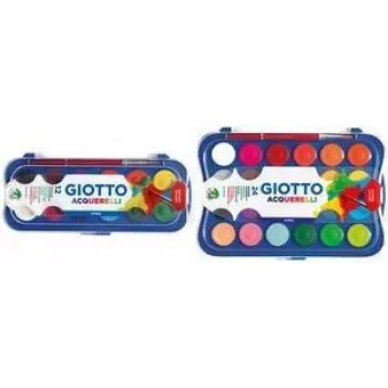 GIOTTO nepermatomų akvarelinių dažų rinkinys, 12 spalvų, 30 mm kivetės, didelis nepermatomumas, plastikinis dėklas, pridedamas teptukas (F351200)